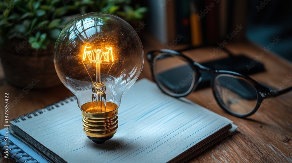 Poster turning on the light bulb drawing light bulb on notebook creating ideas notebook pen smartphone glas