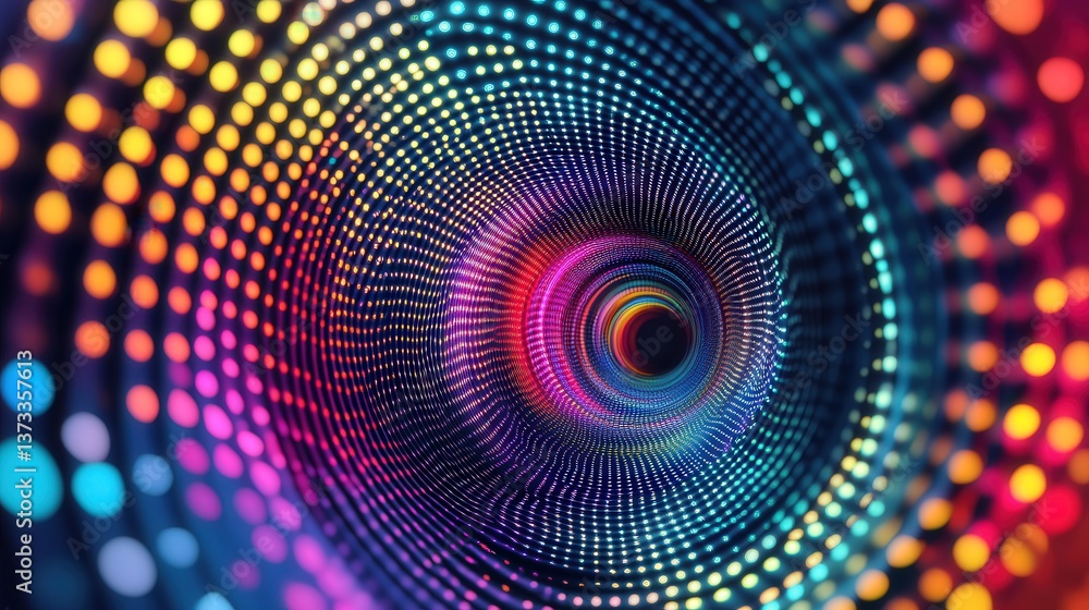 Poster spiral of rotating colored dots, each transitioning through different hues as they spin continuously