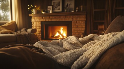 Cozy Winter Evening by Fireplace Warm Knit Blanket on Sofa