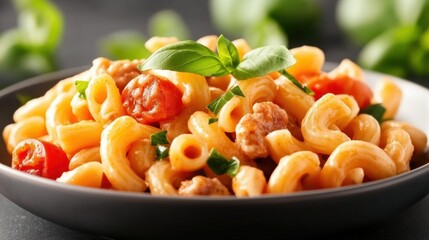 Pasta with sausage and tomatoes is served in a black bowl, topped with fresh basil against a dark background