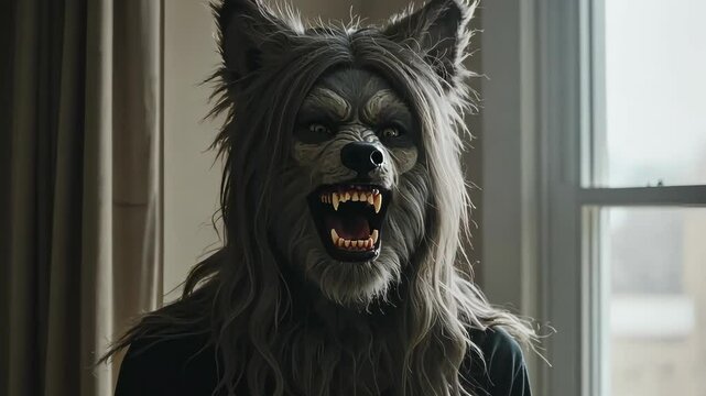 Werewolf Mask: A close-up shot of a person wearing a realistic werewolf mask, complete with menacing fangs and intense gaze, evokes a sense of Halloween mystery and horror.
