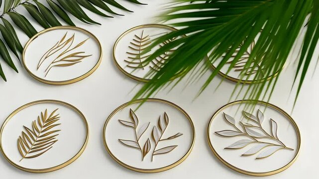 Decorative coasters featuring minimalist leaf designs in gold frames on a light surface with tropical foliage