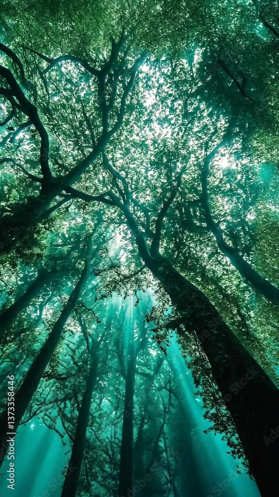 Aufkleber sunlight filters through lush forest canopy, creating a serene atmosphere among tall trees in a tran