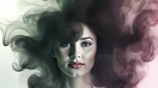 Smoke and Beauty: A captivating portrait showcases a woman whose hair appears to transform into ethereal smoke. The interplay of shadow and light brings an alluring sense of beauty.