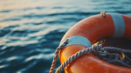 Fototapeta premium lifebuoy tied to a boat, with the texture of the rope and the buoy fabric clearly visible, against the backdrop of the calm ocean