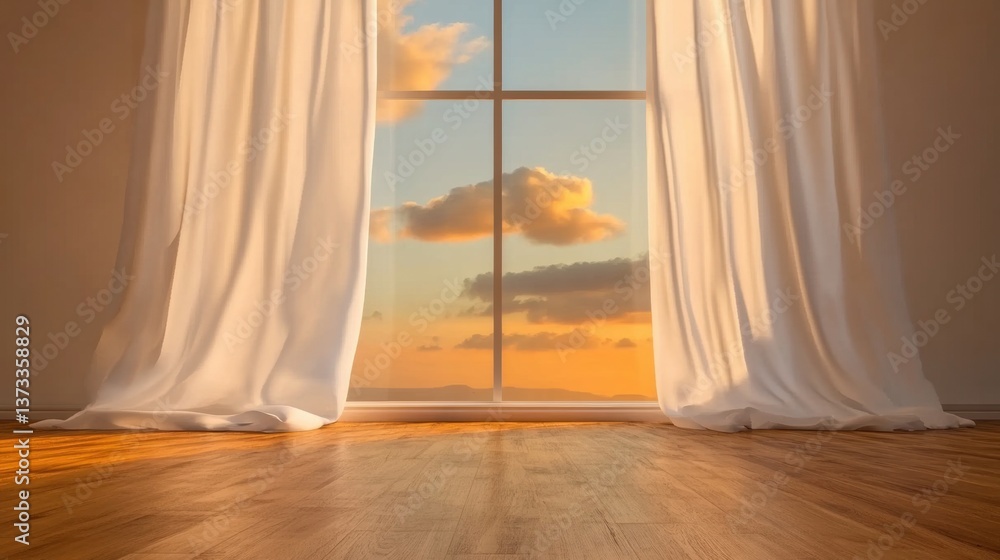 Poster warm sunlight streams through sheer curtains, casting soft shadows on a wooden floor while creating 
