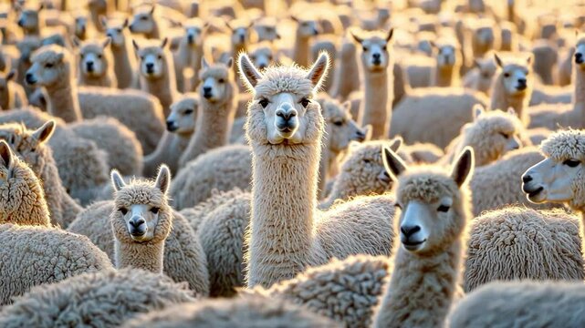 A serene herd of llamas basking in warm sunlight.