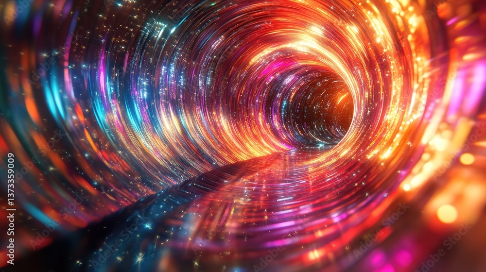 Poster colorful shiny particle tunnel, with radiant light cascading in waves, forming a dynamic and vivid s