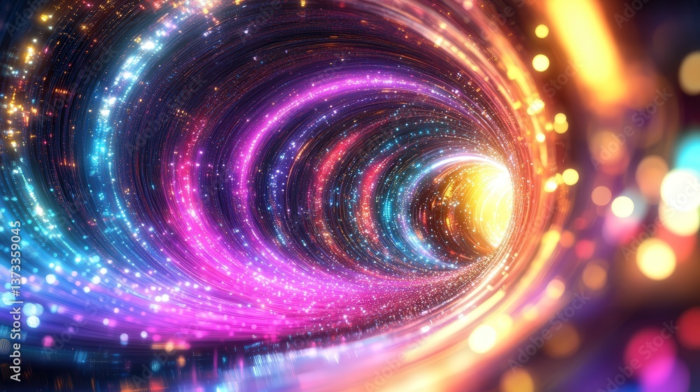 Poster colorful shiny particle tunnel, with radiant light cascading in waves, forming a dynamic and vivid s