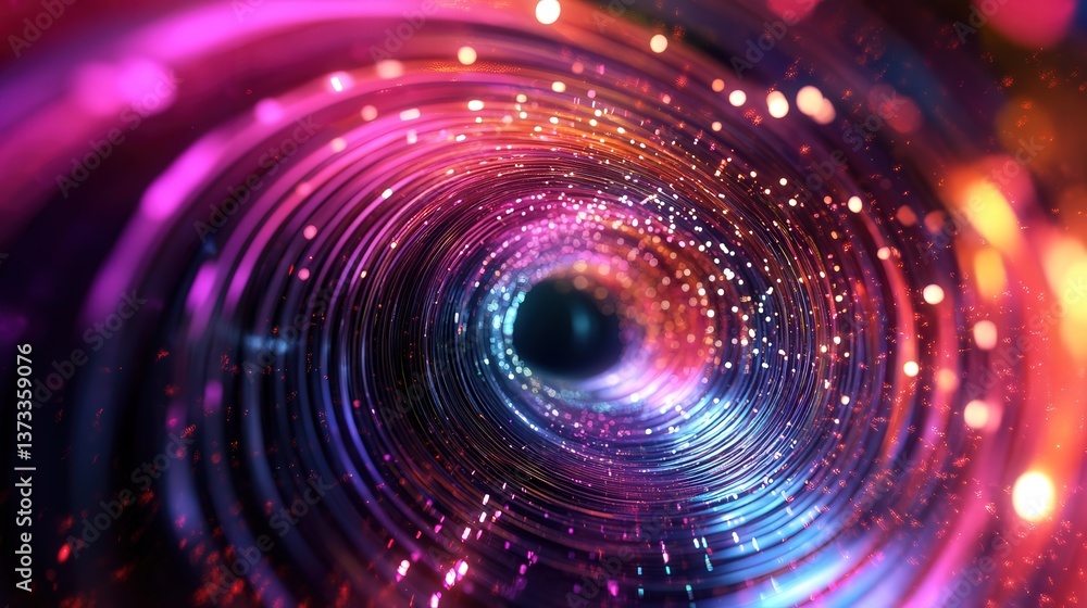 Poster colorful shiny particle tunnel, with radiant light cascading in waves, forming a dynamic and vivid s