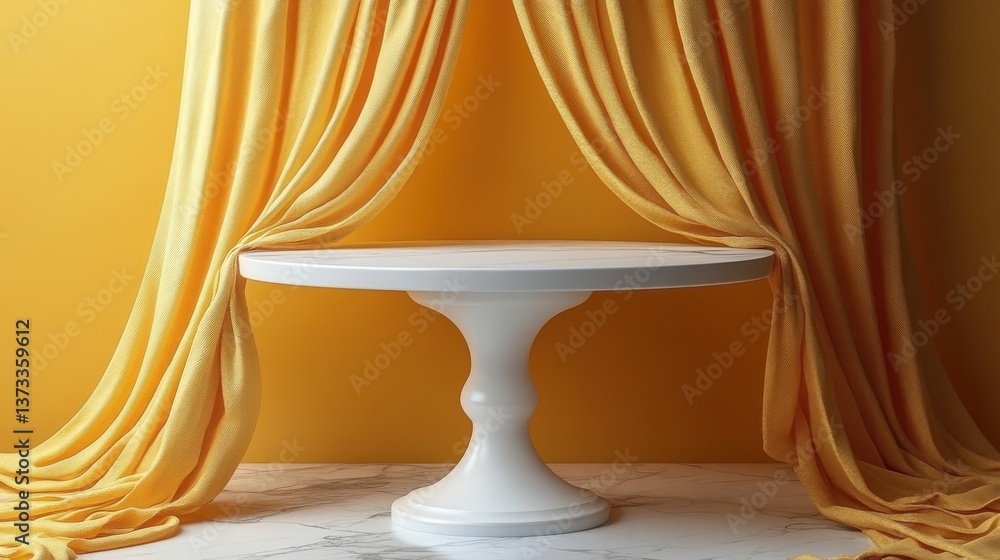 Poster white dinner table or empty pedestal display on vivid yellow background with elegant fabric blank st