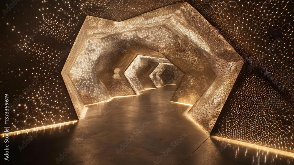 Poster hexagonal tunnel, with beams of light that illuminate each facet, creating a surreal experience of m