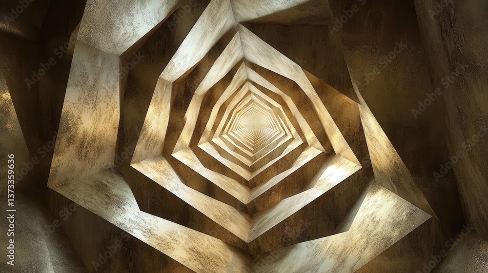 Poster hexagonal tunnel, with beams of light that illuminate each facet, creating a surreal experience of m