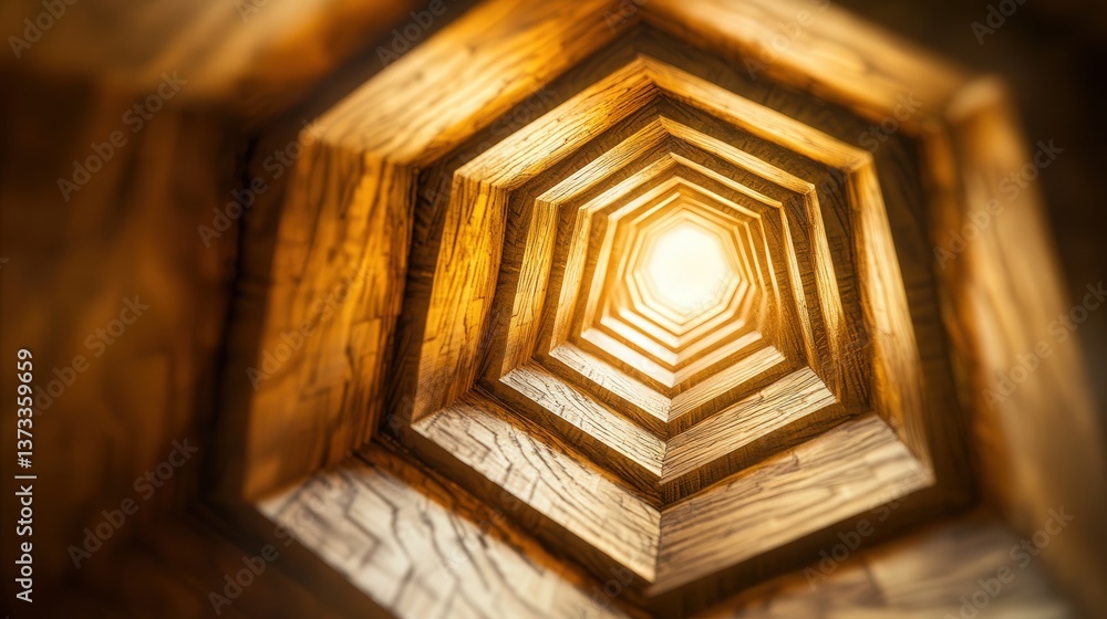 Poster hexagonal tunnel, with beams of light that illuminate each facet, creating a surreal experience of m