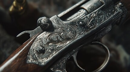 rifle trigger mechanism and engraved grip, showcasing intricate craftsmanship and design