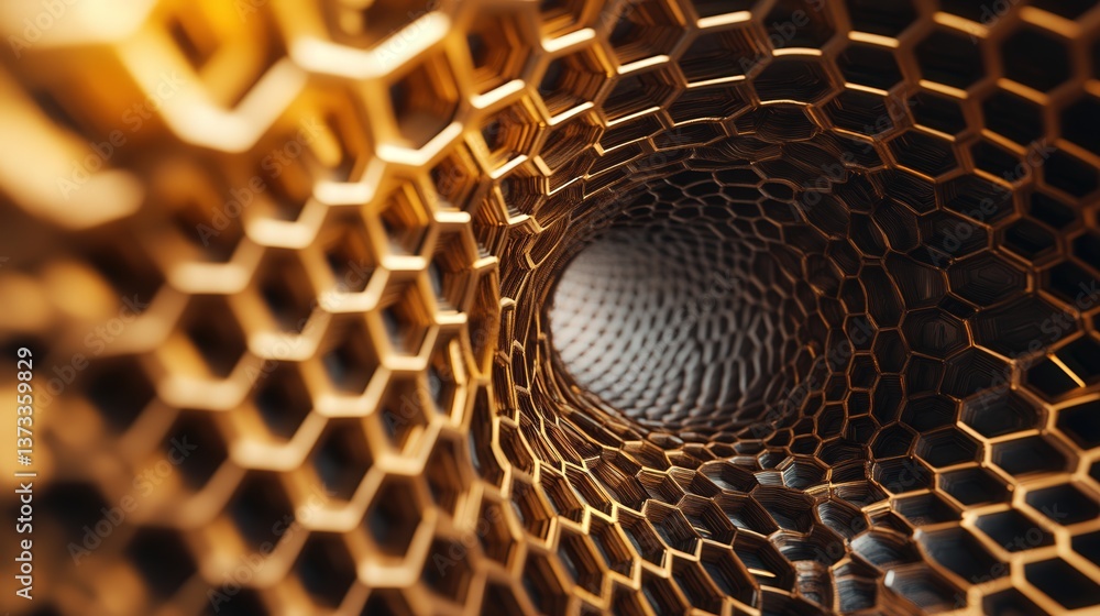 Poster hexagonal pattern transforming into a tunnel, with intricate details and bold colors that shift
