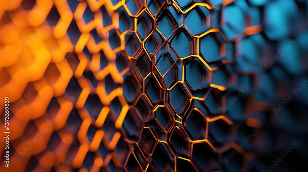 Poster hexagonal pattern transforming into a tunnel, with intricate details and bold colors that shift