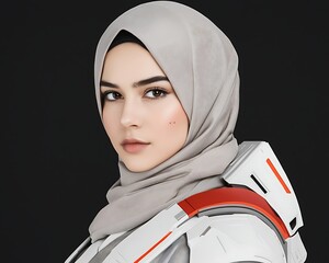 Muslim woman with futuristic suit, and portrait.