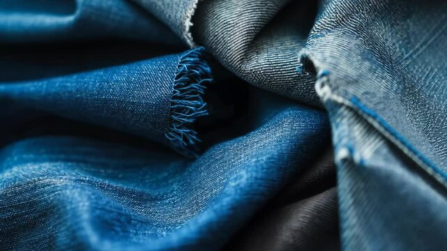 Textured denim fabric showcasing various shades of blue, highlighting intricate weaves and edges in natural light
