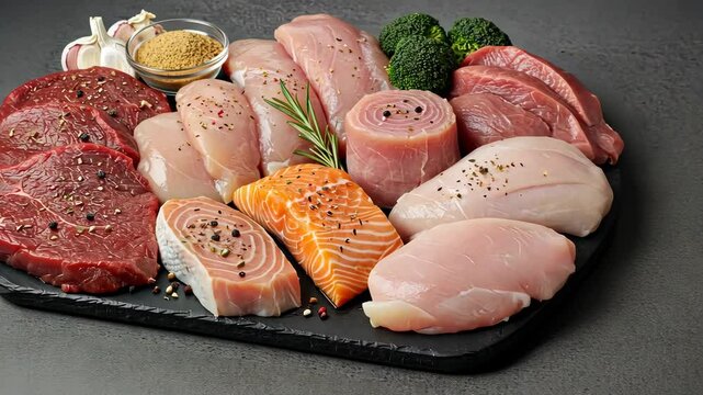 Culinary Palette: Fresh, diverse raw meat selection, arranged on a stone, showcasing a rich spectrum of color and texture. Capturing the essence of protein.