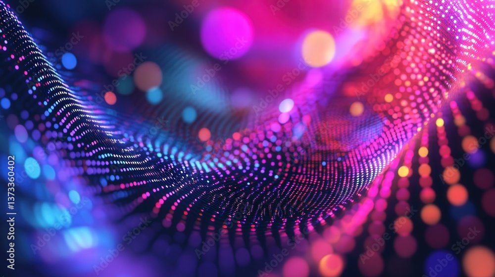 Poster rotating dots in multiple colors, blending and shifting as they spin around in a fluid motion, creating an intriguing effect.