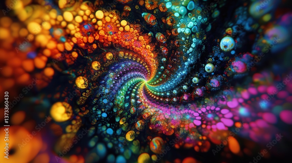 Poster rotating dots in multiple colors, blending and shifting as they spin around in a fluid motion, creating an intriguing effect.