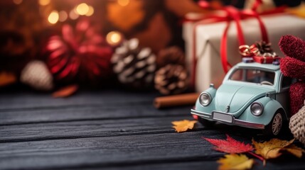A blue vintage car is adorned with gifts and autumn leaves, set against pine cones and warm lights, creating a festive atmosphere