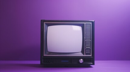 An old TV with a blank screen on a vibrant purple background, providing ample copy space.