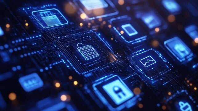 Futuristic blockchain representation for online shopping with glowing blue nodes and smart contract icons in a high-tech e-commerce environment