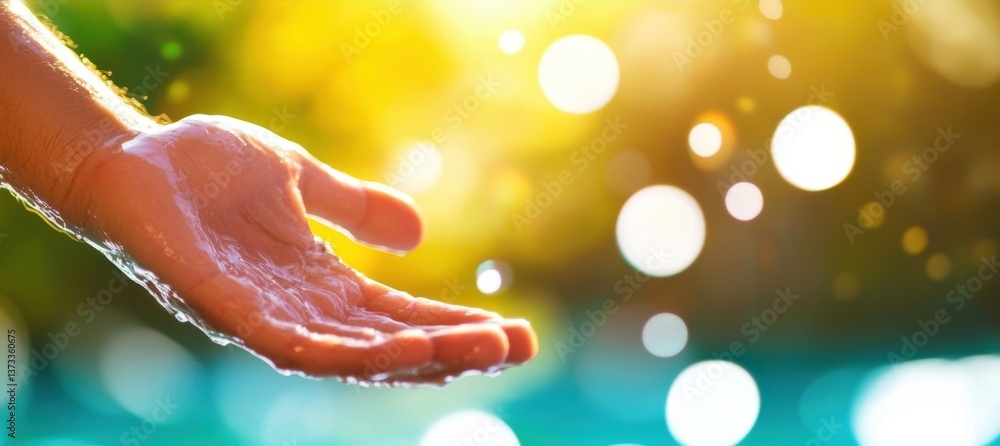 Poster a hand reaches out to catch water droplets illuminated by sunlight, creating a tranquil and refreshi