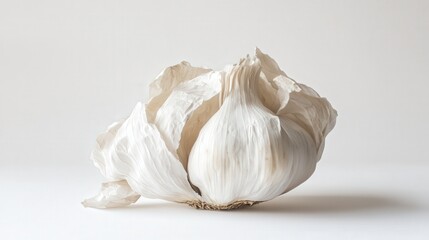 fresh garlic head placed on a clean white background, showcasing its natural texture and papery outer layers, perfect for a kitchen scene