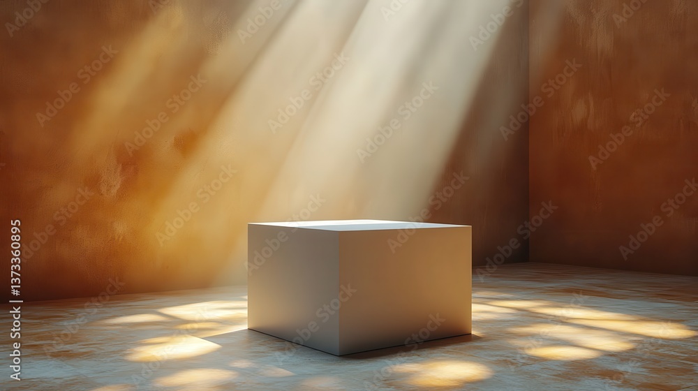 Poster white studio template and cube pedestal on simple background with spotlight product shelf blank stud