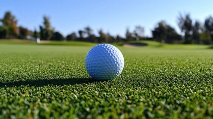 Obraz premium golf ball on well-manicured grass, with the intricate dimples of the ball visible, and a clear blue sky stretching above