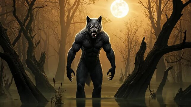 Unleashing the Beast: A formidable werewolf emerges from the murky waters of a swamp, illuminated by a haunting full moon, captivating with its powerful presence.