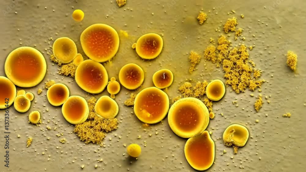 Poster Microscopic view of yellow spherical particles on a textured surface captured in a laboratory environment