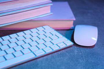 Books with a computer mouse and keyboard, on a light background.