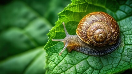 snail on a green leaf, the fine details of its shell contrasting with the smooth texture of the leaf