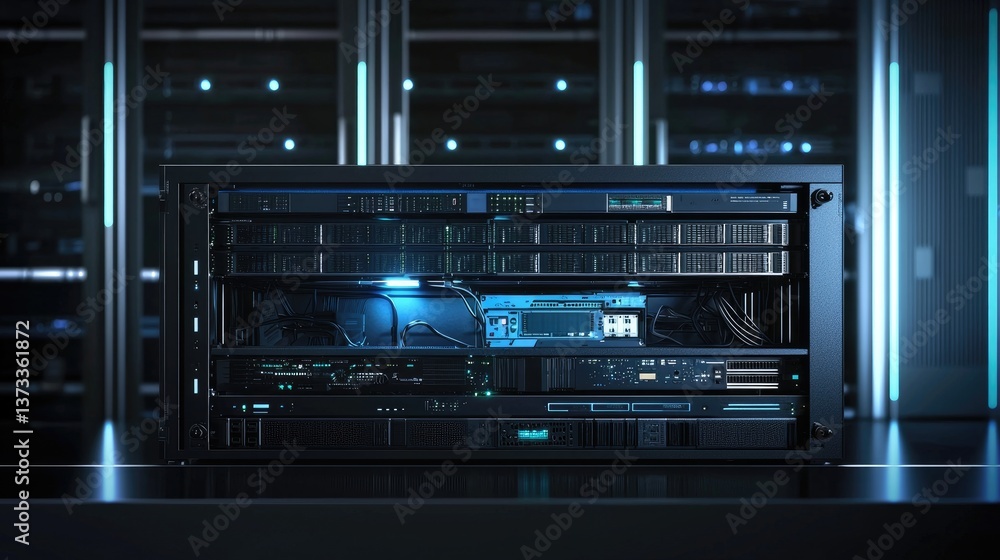Aufkleber close-up view of a modern server rack in a high-tech data center with glowing lights and sleek desig