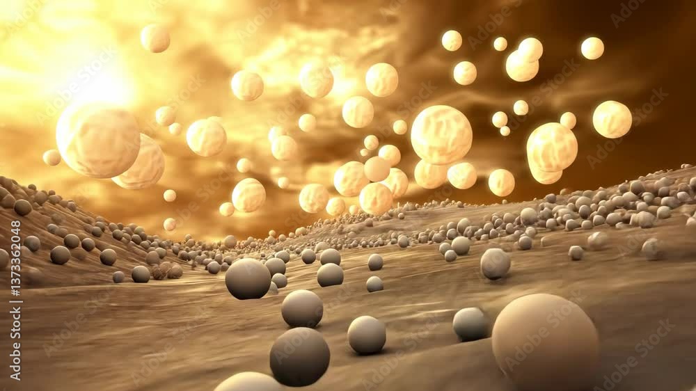 Poster detailed view of spherical particles floating above a textured surface under a dramatic sky at twili