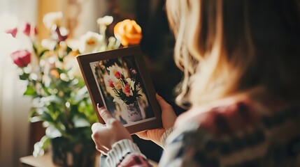 Person giving a personalized photo frame with a special message attached