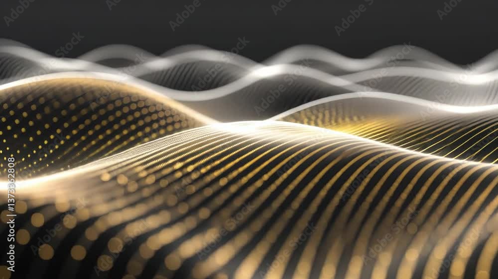 Poster mesmerizing abstract waves smooth lines and dotted patterns in gold and white, evoking elegance, flu