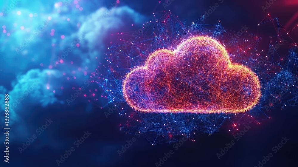 Poster abstract cloud computing concept with digital connections and glowing nodes. empty space for copy.