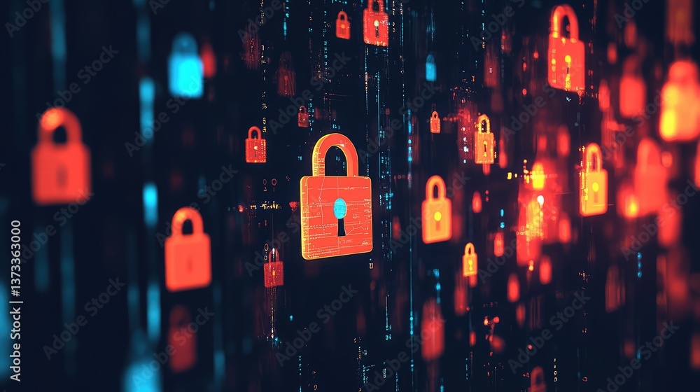 Poster abstract data encryption with floating digital keys, lock icons, and protective firewalls, room for 
