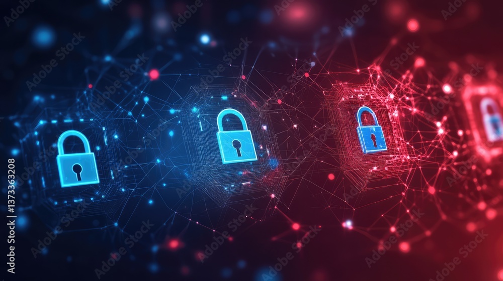 Poster abstract high-tech encryption symbols and digital locks glowing against a dark background, clear spa