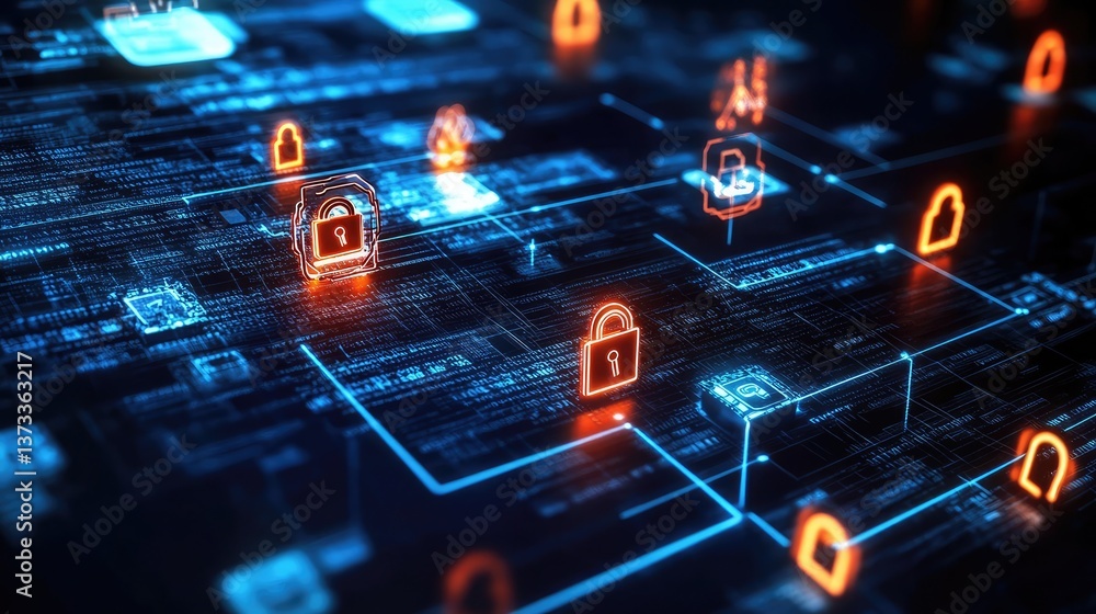 Poster abstract high-tech digital cybersecurity concept with locks, encryption symbols, and data streams, s