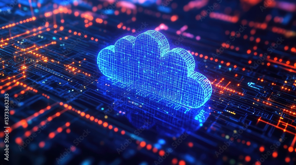 Poster abstract hologram of cloud computing with digital data connections, empty space for design or text.