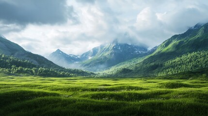 Fototapeta premium a grassy field with mountains in the background