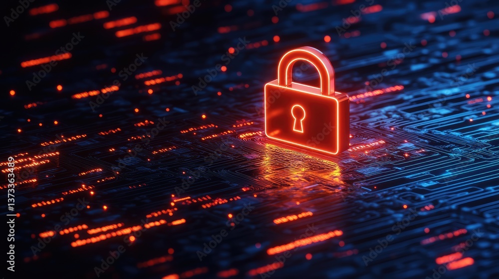 Poster abstract representation of cybersecurity with a glowing padlock and binary code background, room for