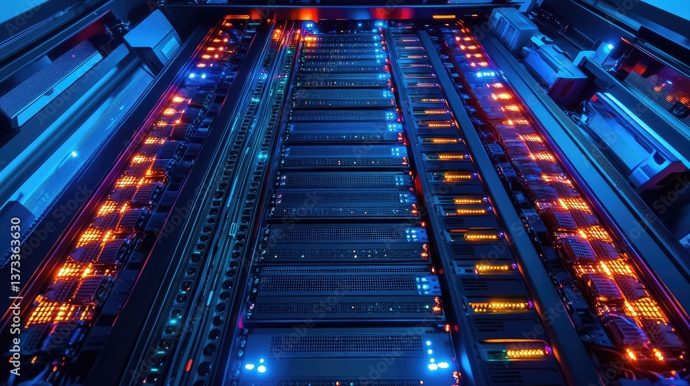 Poster aerial view of a server rack with blinking lights and digital connections, offering space for design