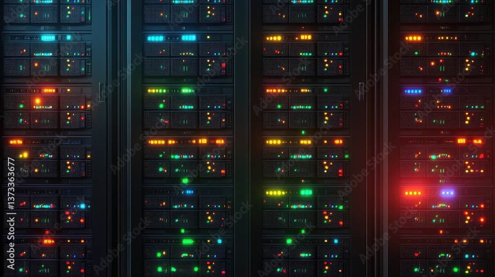 Aufkleber aerial view of a server rack with blinking lights and digital connections, offering space for design